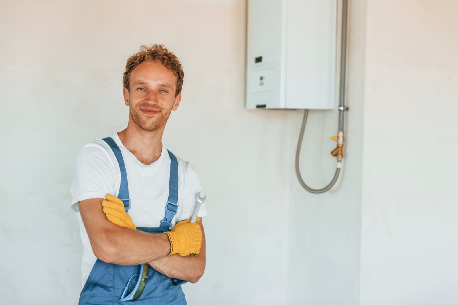 Plumber holding a wrench, ready to install a pressure-reducing valve