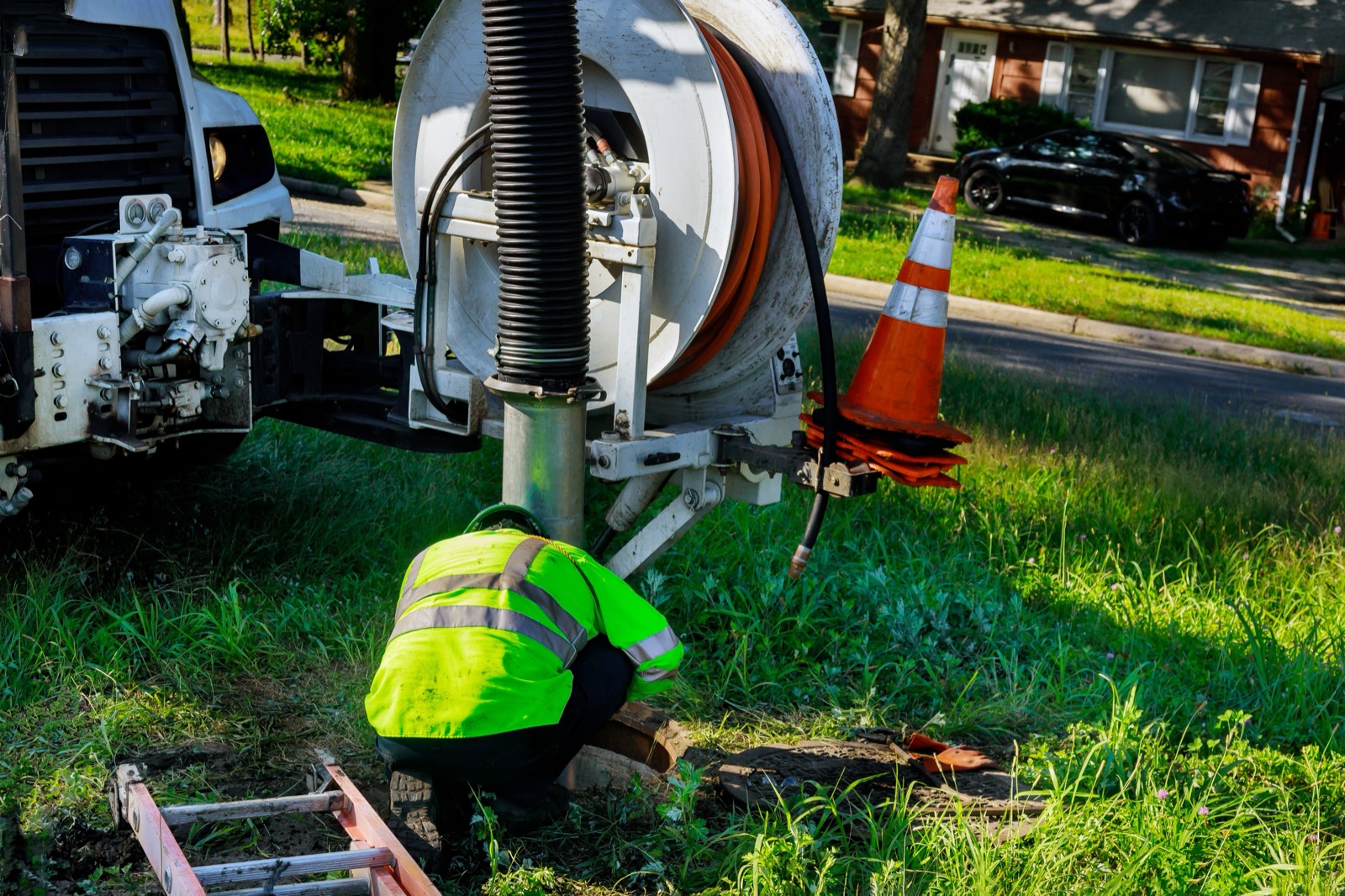 Sewer service equipment staged for a camera inspection and cleaning